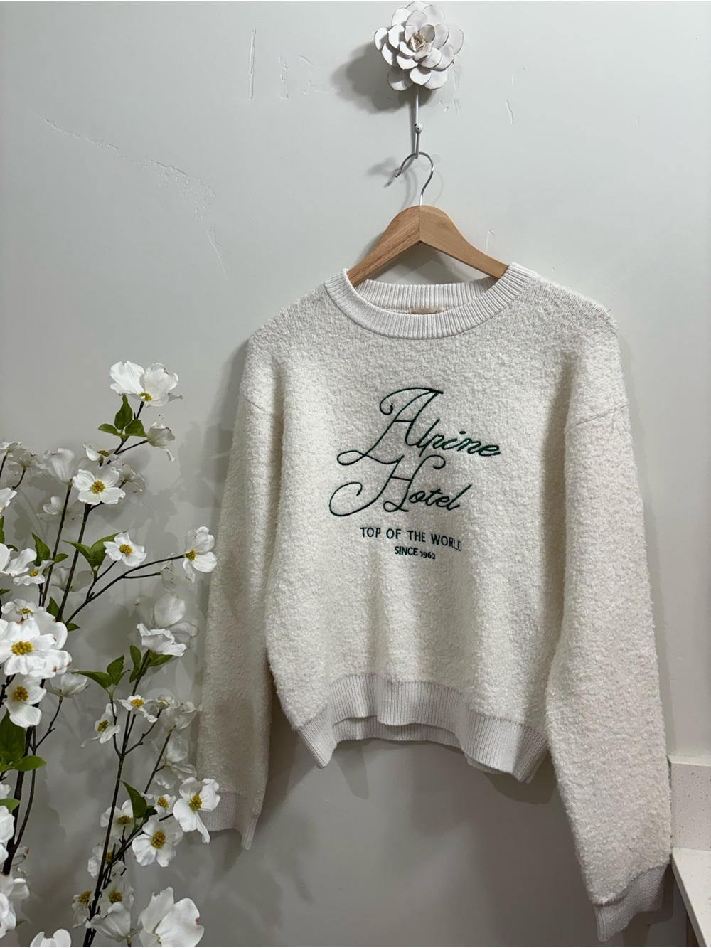 Fuzzy Crewneck Sweater with Green Embroidery